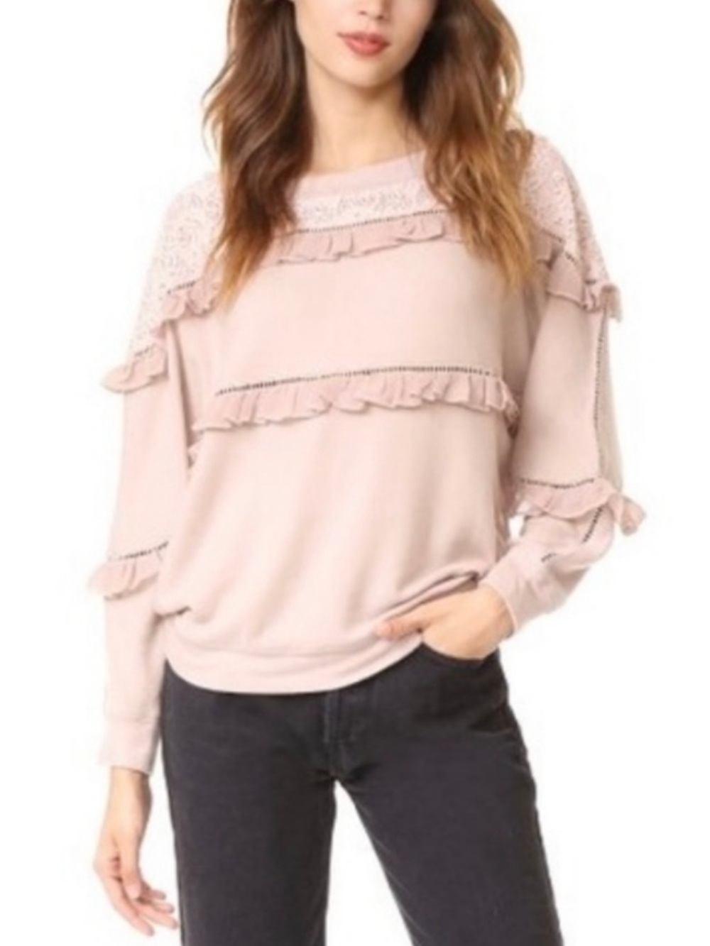 LOVE SAM Women's Light Gray Lace Ruffle Top